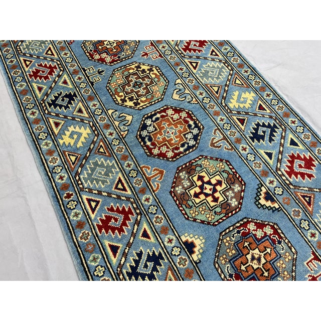 Art Deco Blue and Burgundy Bokhara Wool Runner Rug With Tribal Gul Motifs, 2'11" X 9'7" For Sale - Image 3 of 17
