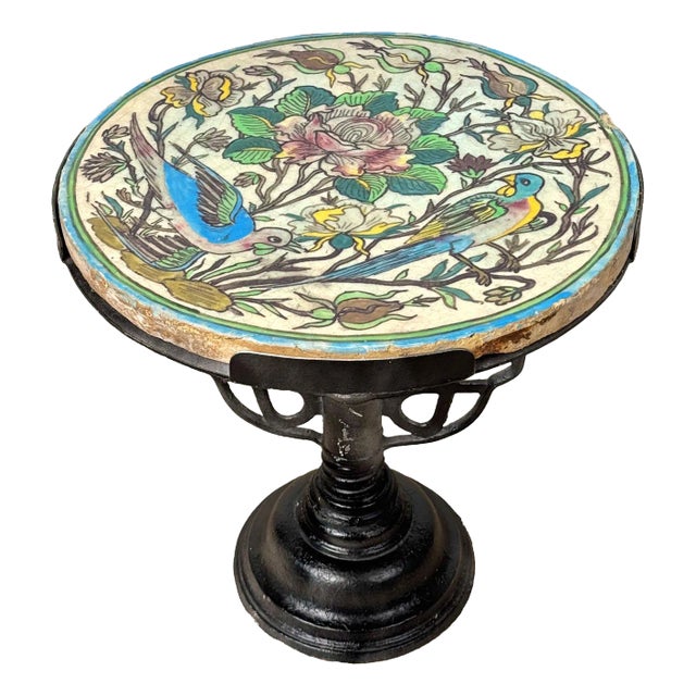 Antique Arts & Crafts Floral Birds of Paradise Glazed Round Garden Table For Sale