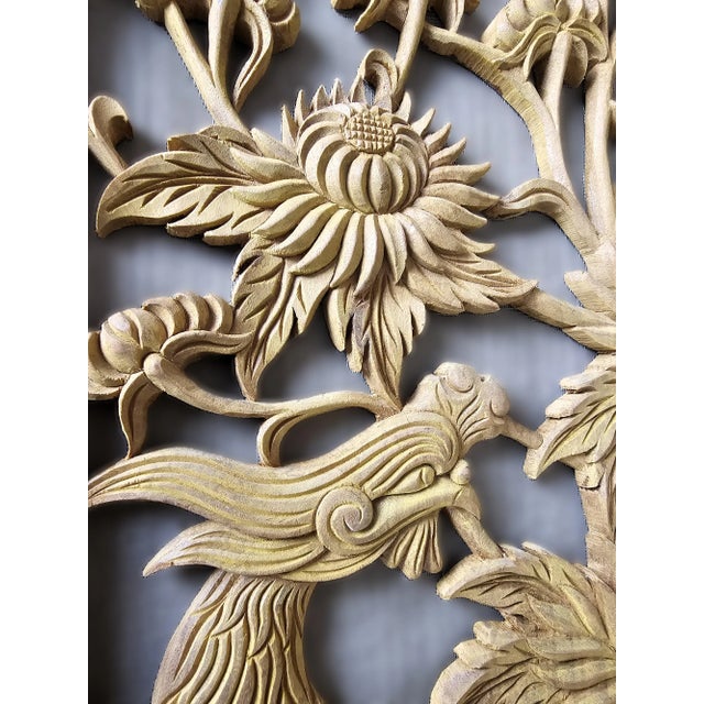 Beige 1970s Vintage Phoenix Peony Chinese Relief Carved Wood Panel Wall Sculpture For Sale - Image 8 of 11