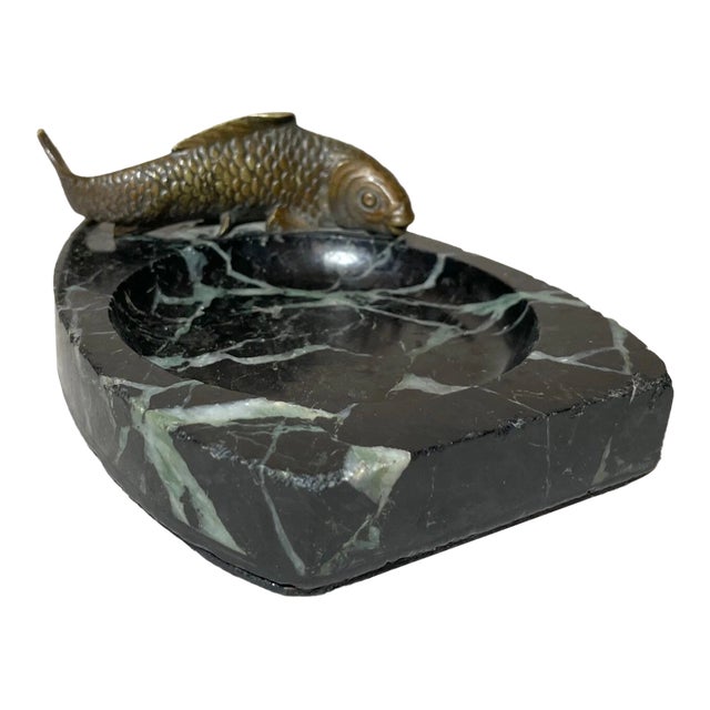 Antique Japanese Bronze Black Marble Figural Coy Fish Cigar Cigarette Ashtray For Sale