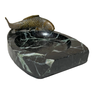 Antique Japanese Bronze Black Marble Figural Coy Fish Cigar Cigarette Ashtray