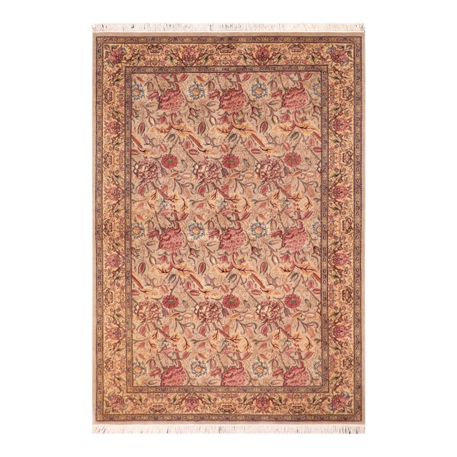 Shabby Chic Floral 1990's Pak-Persian Taupe/Gold Wool Rug - 6'0'' X 9'8'' For Sale