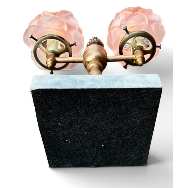 1950s Art Nouveau Style Double Arm Table Lamp With Frosted Floral Shaped Art Glass Shades For Sale - Image 9 of 15
