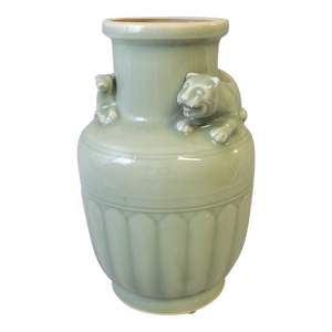 Vintage Chinese Celadon Vase With Tiger and Cub Motif
