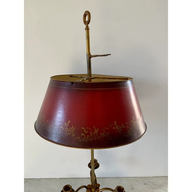 French Provincial Mid 20th Century French Provincial Brass Three-Arm Horn Bouillotte Lamp With Red Tole Shade For Sale - Image 3 of 10