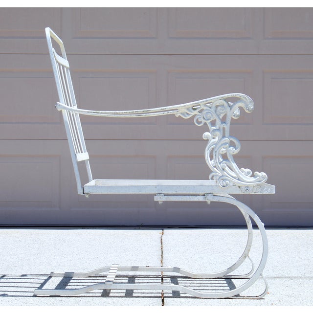 Vintage 1950s Cast Aluminum Patio Set | 5-Piece Outdoor Seating | Rocker Chairs + Bench + Glass Top Table | Hollywood Regency Garden Furniture For Sale - Image 10 of 18