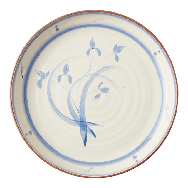 Vintage Spanish Hand-Painted Ceramic Serving Bowl With Floral Iris Motif For Sale