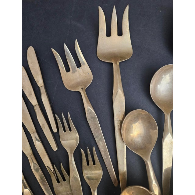 Mid-Century Modern Vintage Nickel Bronze 54 Piece Flatware Set - For Sale - Image 3 of 12