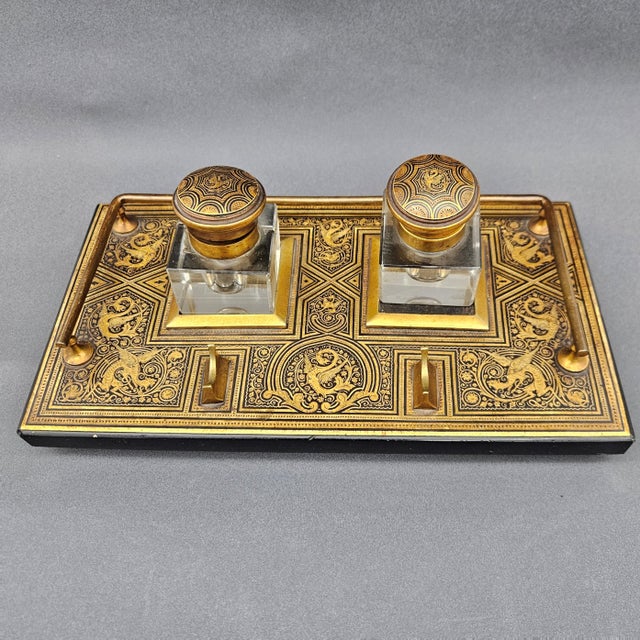 Victorian-Era Inkwell with Boulle Inlays in Ebonized Wood and Brass, Set of 8 For Sale - Image 11 of 16