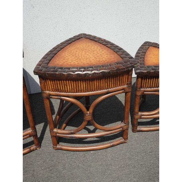 1980s Set of Three Vintage Bamboo Coastal Rattan Leather Ostrich Nesting Tables Lh2 For Sale - Image 5 of 12