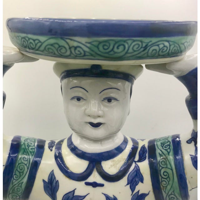 Blue Mid 20th Century Chinese Figurine Man Holding Plate For Sale - Image 8 of 12