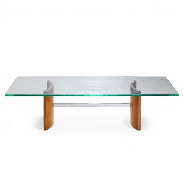 Vladimir Kagan for Selig Mid Century Walnut and Glass Propeller Coffee Table This coffee table measures: 59.75 wide x 24...