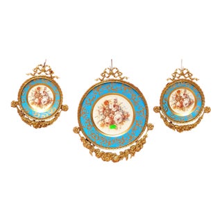 Set of 3 Baroque Ceramic Sky Blue Wall Art Pieces With Ornate Gold Frames & Floral Artwork For Sale