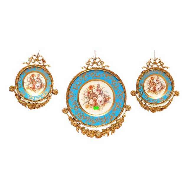 Set of 3 Baroque Ceramic Sky Blue Wall Art Pieces With Ornate Gold Frames & Floral Artwork For Sale