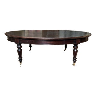 Large English Library Table in Dark Walnut with Leather Top, 1920s For Sale