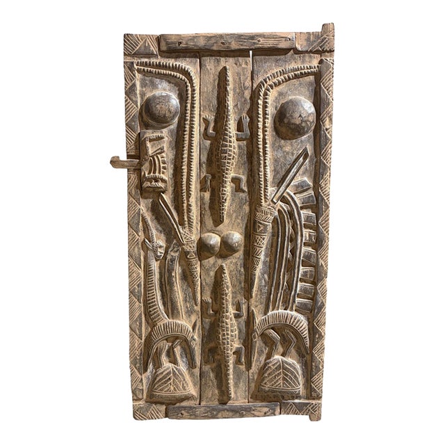 Vintage Dogon Granary Door With Chiwaras /Crocodiles Mali African 49.5" H For Sale