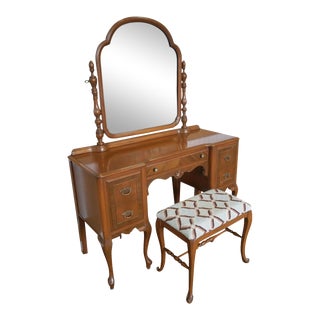 1930s Post Deco Walnut Traditional Bedroom Vanity & Mirror With Bench For Sale