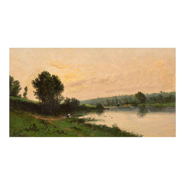 French Barbizon Antique Landscape Oil Painting of Evening River by Henri Perret For Sale