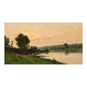 French Barbizon Antique Landscape Oil Painting of Evening River by Henri Perret