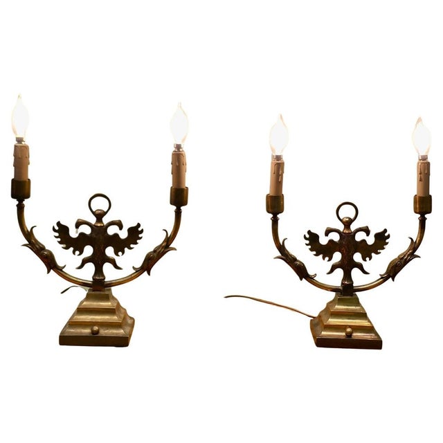 Brown Arts and Crafts Gothic Brass Twin Table Lamps, 1910, Set of 2 For Sale - Image 8 of 8