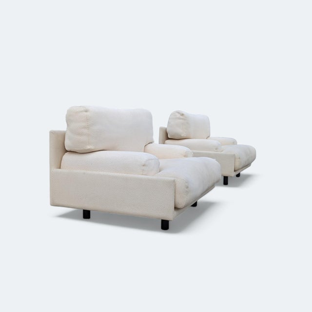 Late 20th Century Postmodern Italian Lounge Chairs in Textured Cream Fabric, Pair, Leather For Sale - Image 15 of 18