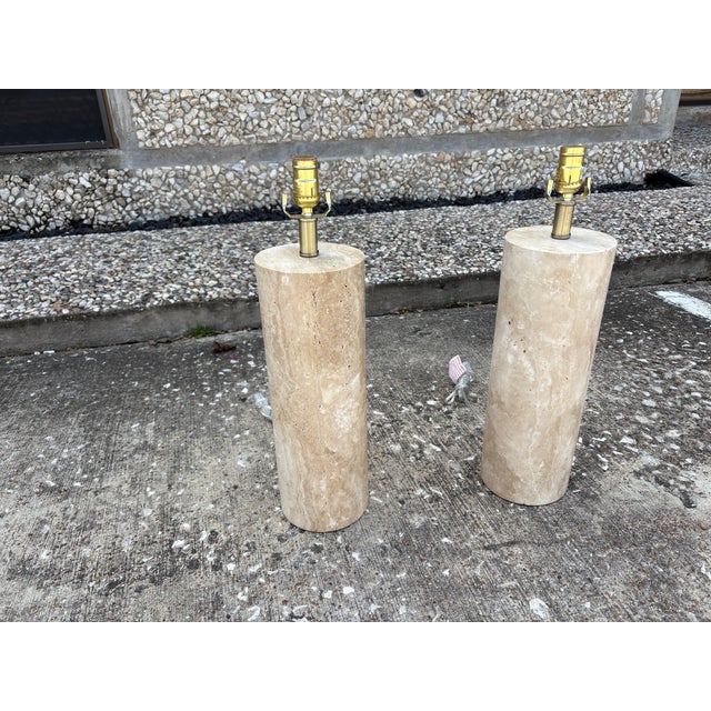 Pair Of Italian Modern Travertine Cylinder Lamps. Offered it a stately pair of Italian mid-century travertine cylinder...
