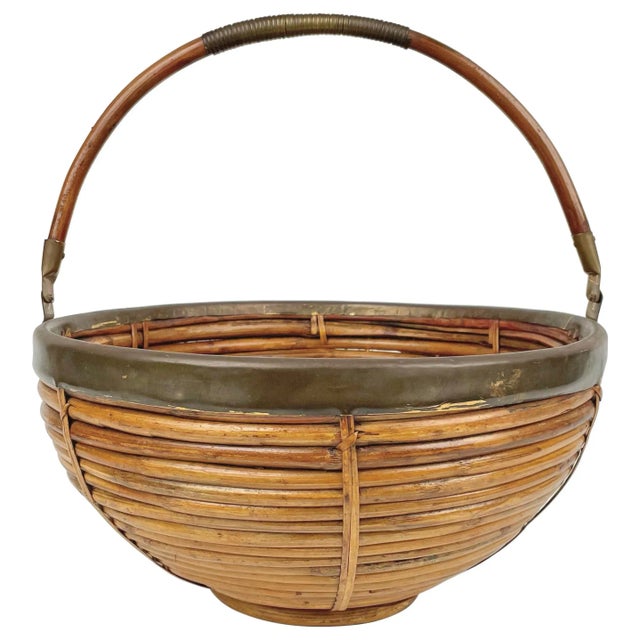 Large Italian Rattan & Brass Basket, 1970s For Sale - Image 12 of 12