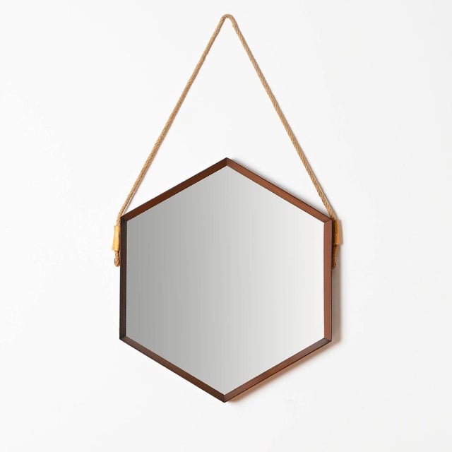 Glass Mid-Century Hexagonal Mirror in Teak and Leather attributed to Campo & Graffi, Italy, 1960s For Sale - Image 7 of 15
