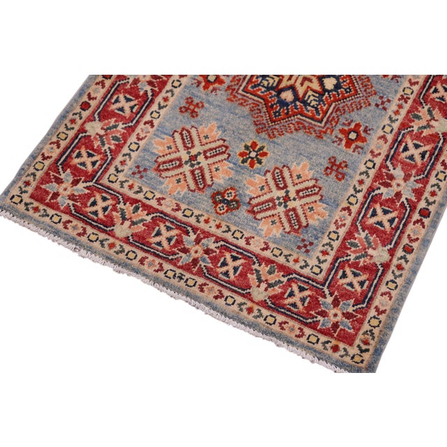 Rustic Boho Chic Kazak Tribal Light Blue/Red Wool Rug - 2'0''x3'0'' For Sale - Image 3 of 10
