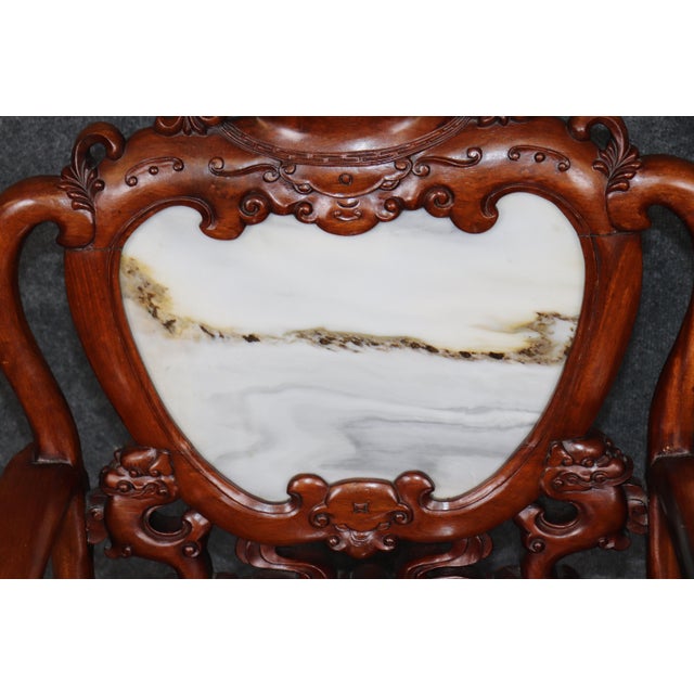 Pair Vintage Chinese Carved Mahogany and Marble Back Arm Chairs For Sale - Image 15 of 16