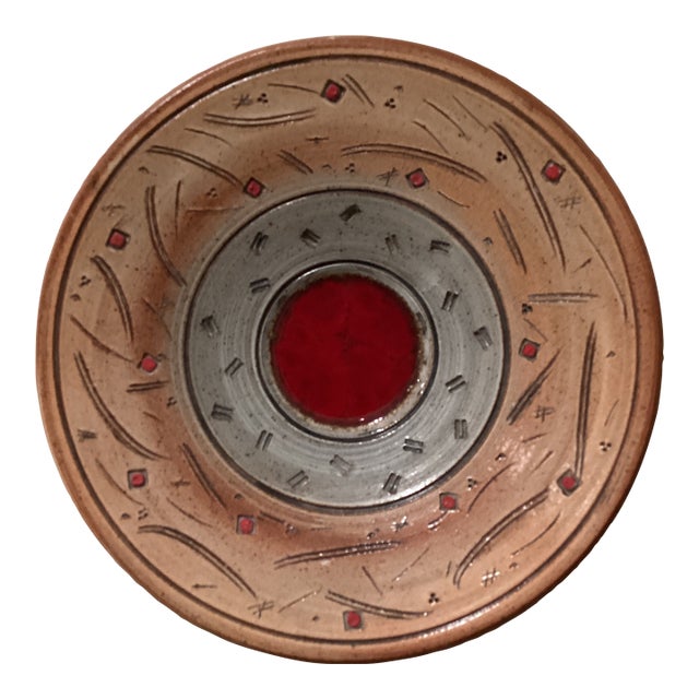Handcrafted Art Studio Eartware Wall Decor Platter/Bowl With Raised Central Red Medallion Circa 2013 Signed For Sale