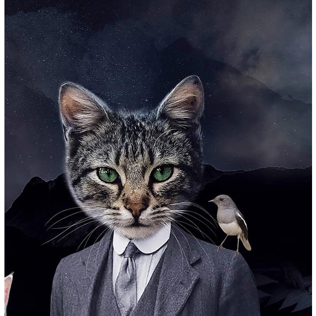 This artwork features a whimsical tableau of figures dressed in vintage attire, their faces replaced by various cat...