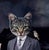 This artwork features a whimsical tableau of figures dressed in vintage attire, their faces replaced by various cat...