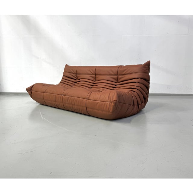 Brown French Togo Sofa in Thick Cognac Cow Leather by Michel Ducaroy for Ligne Roset For Sale - Image 8 of 15
