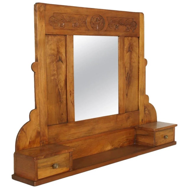 Art Nouveau Walnut Wall Mirror with Shelf & Two Drawers, 1910s For Sale - Image 5 of 5