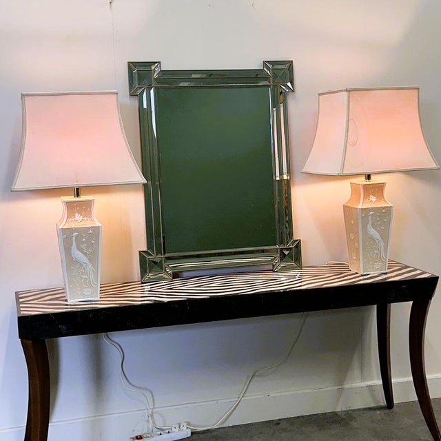 Large Cream Ceramic Table Lamps with Relief Peacocks and Fabric Shades, Set of 2 For Sale - Image 14 of 16