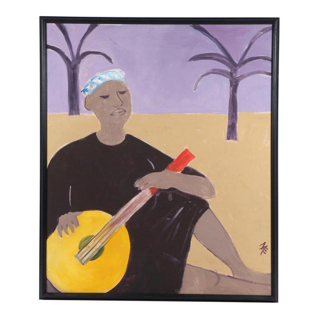 Mae Engron (Indiana, 1933-2007) Large Oil on Canvas of Figure With Musical Instrument For Sale