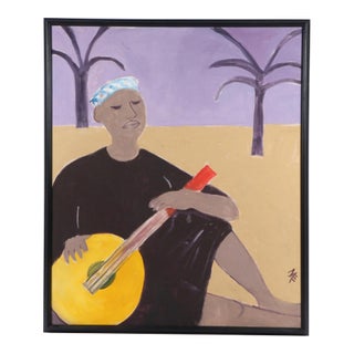Mid 20th Century Mae Alice Engron (Indiana, 1933-2007) Large Oil on Canvas of Figure With Musical Instrument For Sale