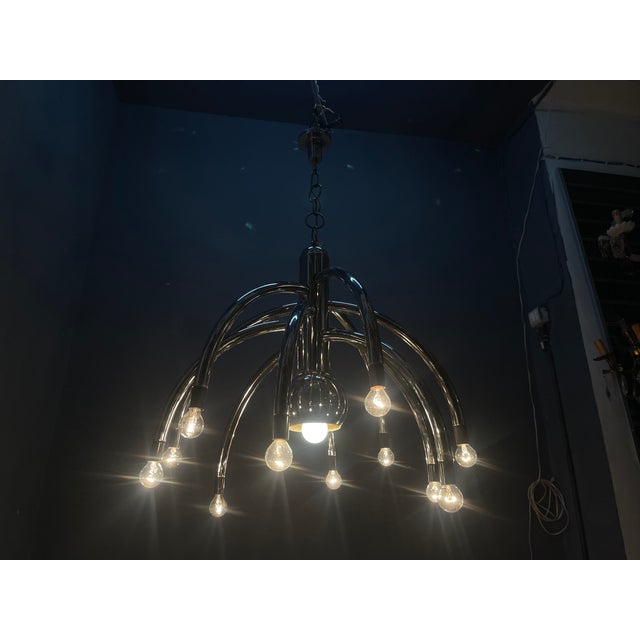 Goffredo Reggiani Vintage Space Age Chrome 13-Light Chandelier attributed to Goffredo Reggiani, 1970s For Sale - Image 4 of 14