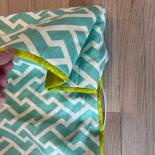 Palm Beach Style Custom Turquoise and Chartreuse Green Quadrille Aga Linen Roman Shade For Sale - Image 4 of 10
