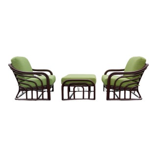 1960s Brown Jordan Designer Mid Century Bent Rattan Two Chairs and One Ottoman For Sale