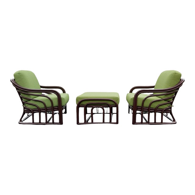 1960s Brown Jordan Designer Mid Century Bent Rattan Two Chairs and One Ottoman For Sale
