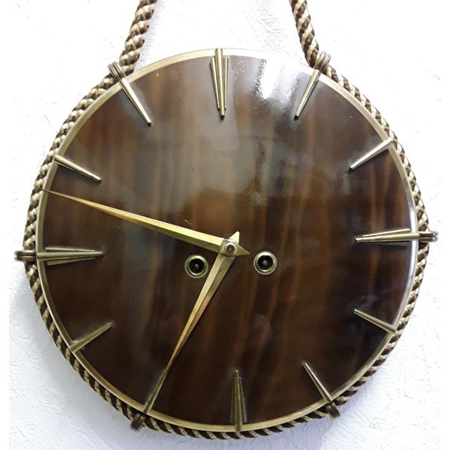 Vintage Brass & Wood Wall Clock, 1950s, in Good conditions. Designed 1950 to 1959