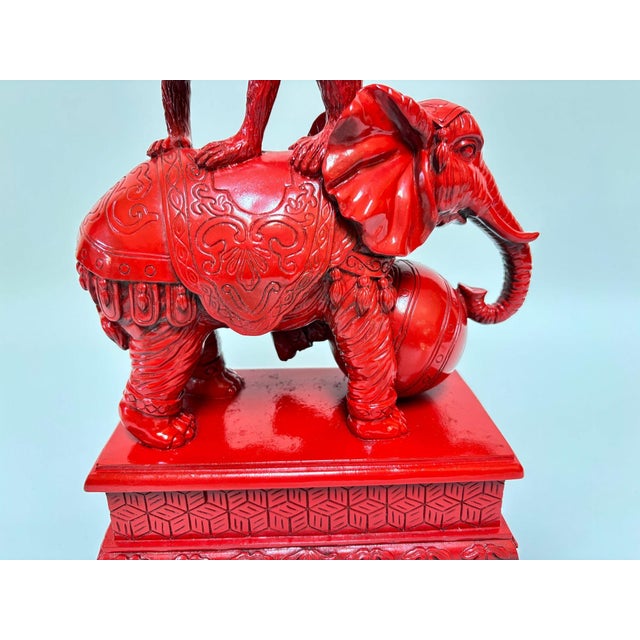 Hollywood Regency Chinoiserie Red Elephant & Monkey Sculpture Glossy Resin 1970s For Sale - Image 4 of 15