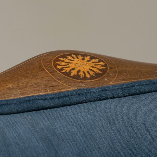 19th Century English Dark Wood Armchair With Navy Upholstery, Sunburst Inlay and Turned Legs For Sale - Image 15 of 16