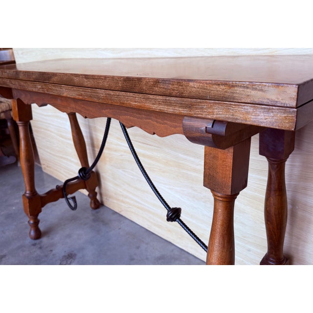 Mid 20th Century 20th Century Spanish Console Fold Out Farm Table with Wood Stretcher For Sale - Image 5 of 18