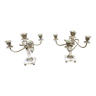 Pair of Continental Brass and Onyx Five-Arm Candelabras For Sale