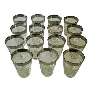 Mid Century Modern Dorothy Thorpe Style Silver Rim Cocktail Glasses- Set of 15
