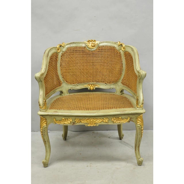 Vintage French Louis XV Style Green Painted Gold Gilt Cane Bergere Arm Chair For Sale - Image 17 of 17