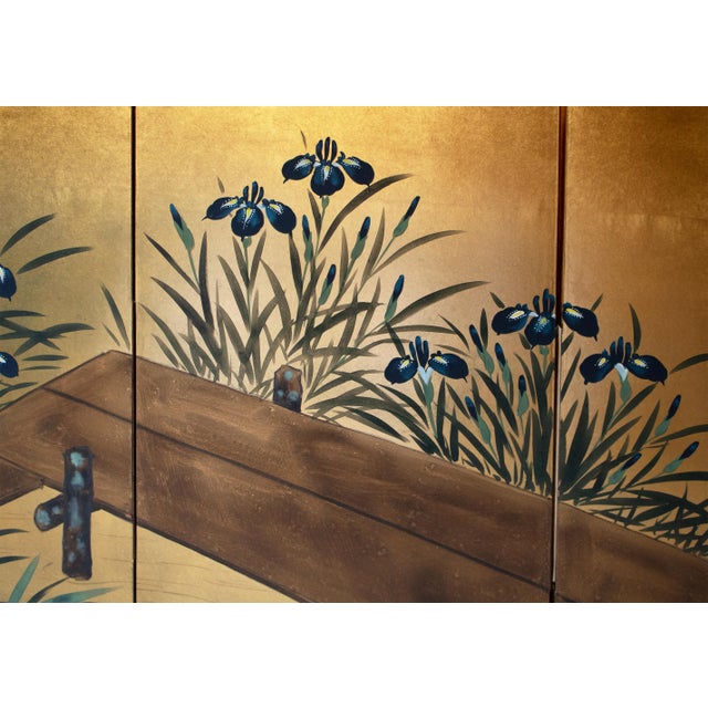 Goldenrod "Rinpa Iris Yatsuhashi" by Taizan, Heisei Era Japanese Painted Byobu Screen For Sale - Image 8 of 18
